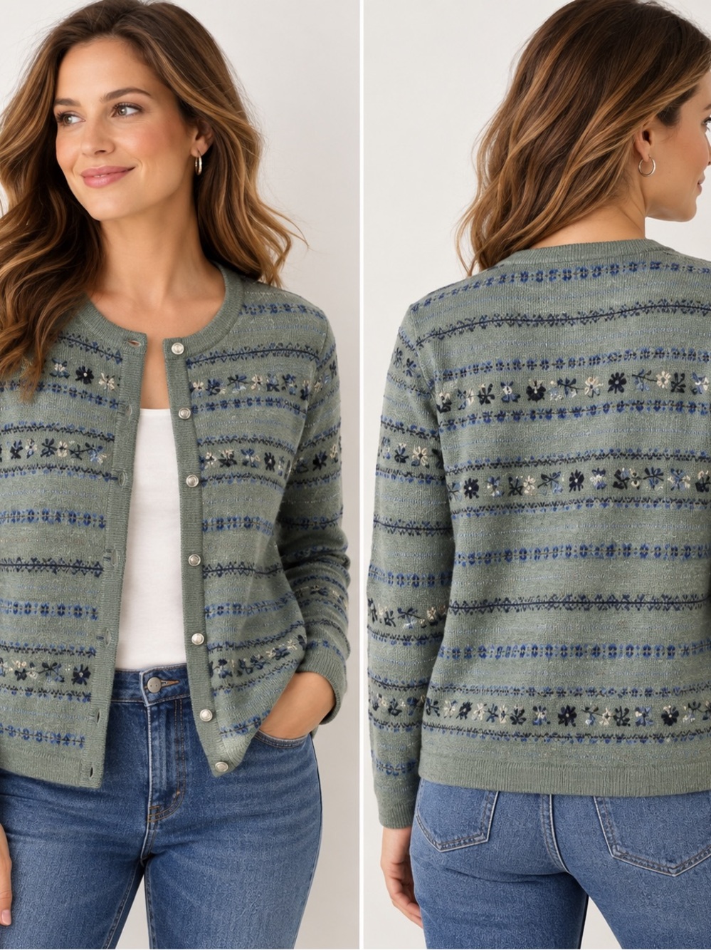 Talbots Petites 100% Wool Fair Isle Embroidered Cardigan Sweater S Cottagecore